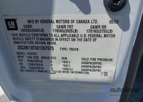 2003 Chevrolet Silverado 1500 Ls z USA, uszkodzony, nr VIN 2GCEK19T931367670